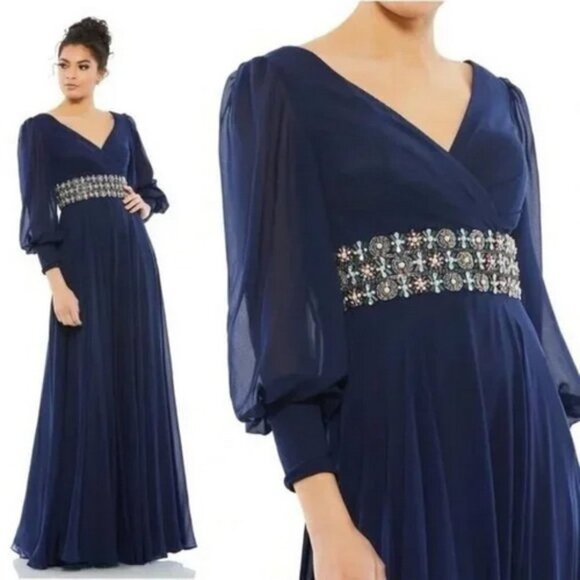 Mac Duggal Midnight Blue Beaded Belt Long Sleeve A-Line Gown